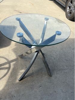 Selling a set of two Glass Round End Table, Modern Clear Tempered Glass Side Table with Cross-Shaped Silver Stainless Steel Legs, Luxury Circle End Ta