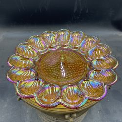 Vintage Indiana Glass Hobnail Carnival Glass 11” Deviled Egg Plate 15 Egg VG