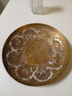 Etched floral brass shallow footed bowl
