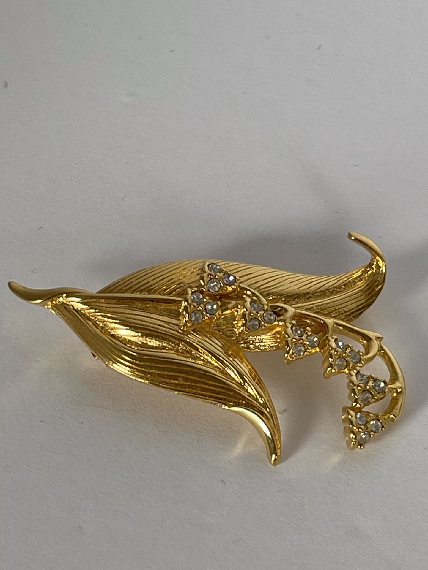 Monet Vintage Brooch Gold Tone Lily Of The Valley Flower Rhinestones