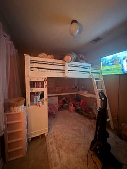 White Kids Loft Bed with Storage and Ladder