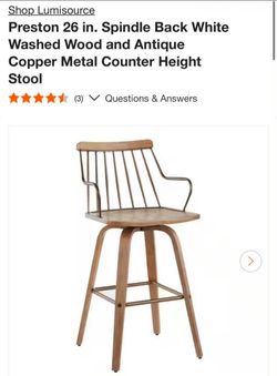 1 ONLY Preston 26 in. Spindle Back White Washed Wood and Antique Copper Metal Counter Height Stool

$25