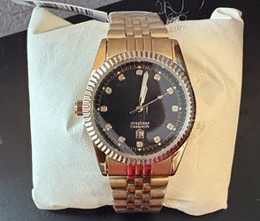 Montres Prestige Men's Gold Metal Quartz Watch Black Dial Diamond Markers 3 ATM.