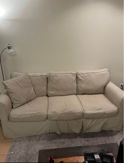 Beige Slipcovered 3-Seat Sofa