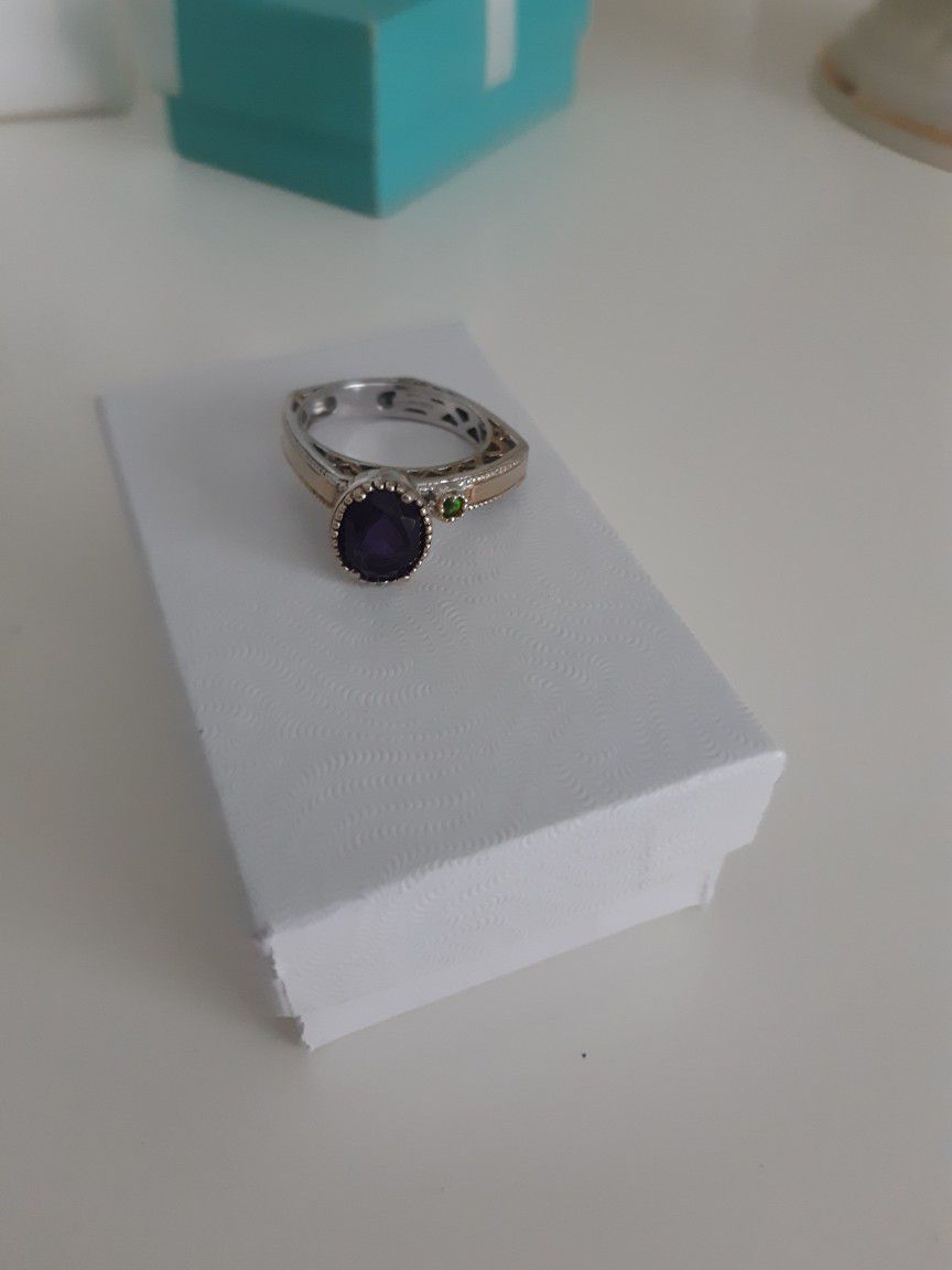 925 STERLING SILVER ABSTRACT RING WITH AMETHYST AND PERIDOT REAL STONES, SIZE 7