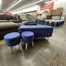 Blue Storage Bench + Stools