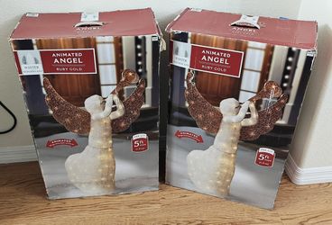 Pair Of 2 Christmas Lighted 5 Ft Holiday Animated Trumpeting Angels Wings Freestanding Outdoor Indoor