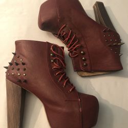 Wine Red Lace Up Spiked Platform Booties