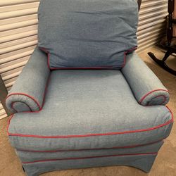 Sherrill denim armchair with red piping