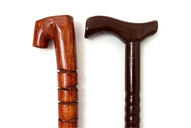 Pair Vintage Carved Wood Canes - L Handle + T Handle - 34" Matching Set