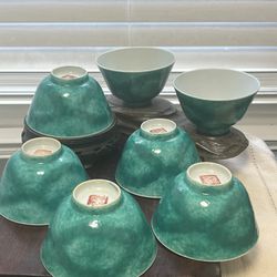 Antique Chinese Turquoise, Peeking, Porcelain Bowls