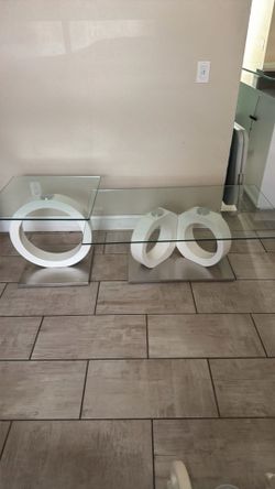 Modern Glass Coffee Table & Side Table Set White Ring Base Contemporary