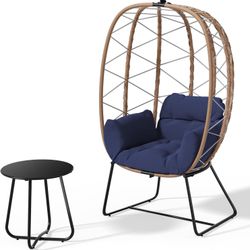 Egg Chair with Side Table, Oversized Outdoor Indoor Lounger with 350lbs Capacity Wicker Egg Chair with Stand Cushion, Egg Basket Chair Set for Patio, 