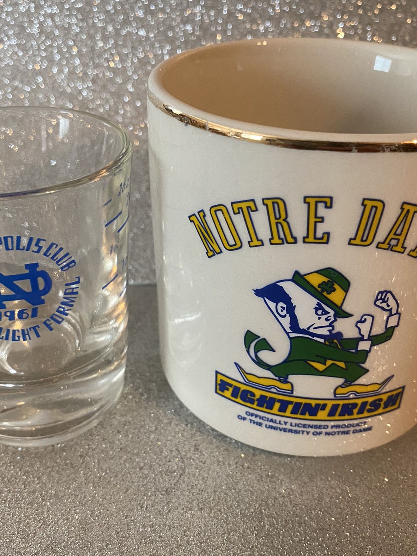 Pair Of Vintage Notre Dame Fightimg Irish 1988 Football Coffee Mug And 1961 Notre Dame Candlelight Formal Shot Glass