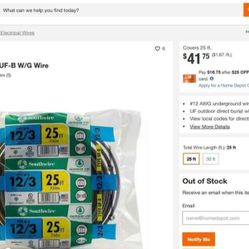 25 ft 12/3 Gray Solid CU UF-B W/G Wire