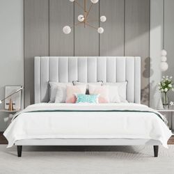 Queen Bed Frame/Velvet Upholstered Platform Bed Frame with Headboard/SWhite W-19