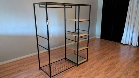 Wardrobe Portable Sturdy Black Metal & Wood