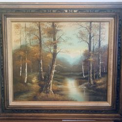 Vintage Landscape Painting Bob Ross Style Wall Art Retro Carved Frame Oil On Canvas 33x29” Eames MCM 1970s