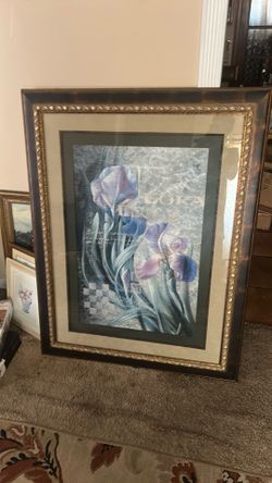 Large Framed Iris Floral Art Print – Signed, Double Matted, Ornate Gold Frame