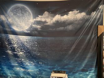 Night full moon clouds over ocean tapestry