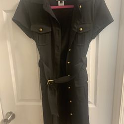 Black Belted Shirt  Dress With Gold Buttons