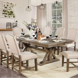 Brand New Rustic Style Light Oak & Beige 9pc Formal Dining Table Set