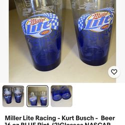 Miller Lite Racing - Kurt Busch - Beer 16 oz BLUE Pint (2)Glasses NASCAR