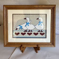 Vintage Wood Framed Country Kitchen Three Geese Cloth Print 