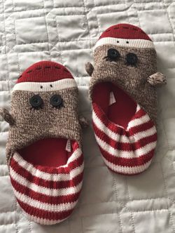 Sock monkey slippers, stuffed animals and keychain