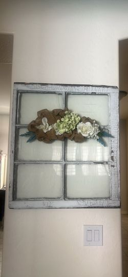 Vintage Window Frame Wall Decor with Floral Accent
