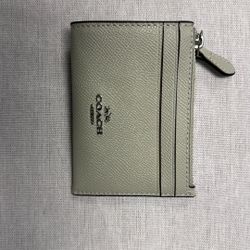 Coach Mini Skinny ID Case in crossgrain leather and a light pale pistachio/sage green color.  