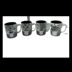 Set Of 4 Fitz And Floyd Mugs Cups "Herbs" Black White Original