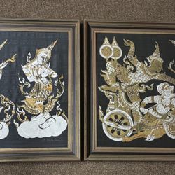 2 Thai Handmade Silk Gilt Paintings