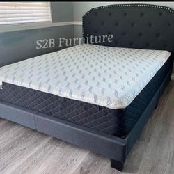 Full Size Grey Burlap Bed With Orthopedic Mattress 