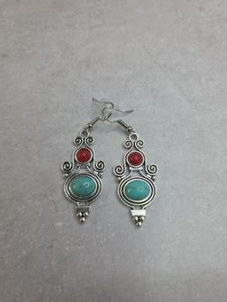 Red & Blue Turquoise Danglee Silver Hook Earrings w/ Turquoise Insets
