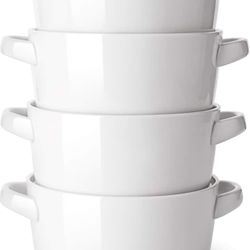 4 Pcs Soup Bowls with Handles, 24 ounces Ceramic Cereal Bowl Set for kitchen, White French Onion Soup Crocks, Microwave Oven Safe, Stackable Soup Mug 