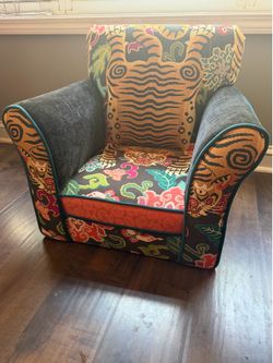 Kids chair - Upcycled Custom Upholstered Accent Chair with Tiger and Floral Print and Black Velvet