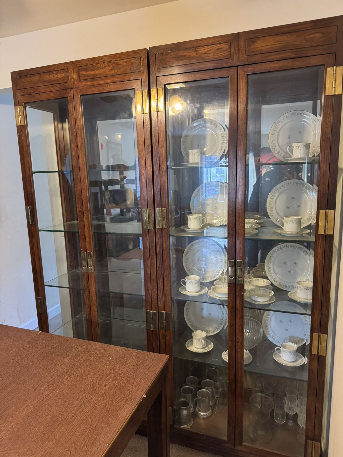 Rare Pair of Vintage Henredon Campaign Style Curio Cabinets Brass & Oak