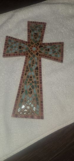 Large Mosaic Wall Cross with Turquoise Fish Design – Christian Décor