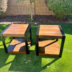 Industrial Wood and Metal End Tables – Set of 2