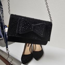 I.N.C Black Rhinestone Evening Bag With Chain Strap. 