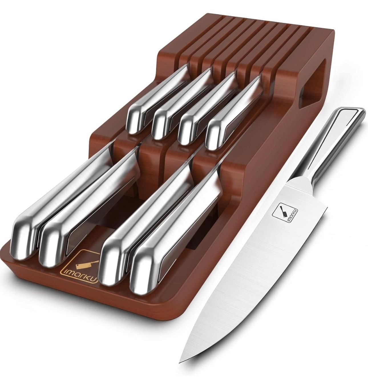 NEW imarku Knife Set, 10 PCS Japanese Stainless Steel Knife Block Set, Kitchen Knife Set with Wooden Drawer Organizer, Drawer Knife Set,Dishwasher Saf