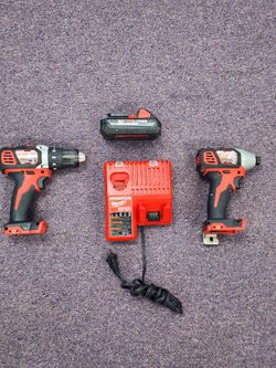 Milwaukee 1/2" Drill, 1/4" Impact Driver, M18 3.0ah Battery, and M12/M18 Combo Charger