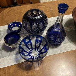 Stunning Set Of 5 Cobalt Blue Crystal Cut Glass Set