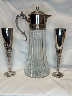 Vintage Glass and Silver plated Decanter/ Carafe with Two Champagne Flutes