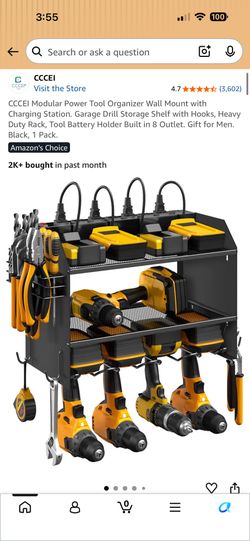 CCCEI Modular Power Tool Organizer Wall Mount with Charging Station. Garage Drill Storage Shelf with Hooks, Heavy Duty Rack, Tool Battery Holder Built