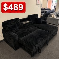 Black Corduroy Sectional Sofa with Pull Out Bed Cup Holders