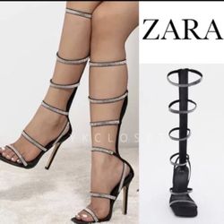 ZARA Black High Heel Rhinestone Straps Sandals Gladiator never worn size 38