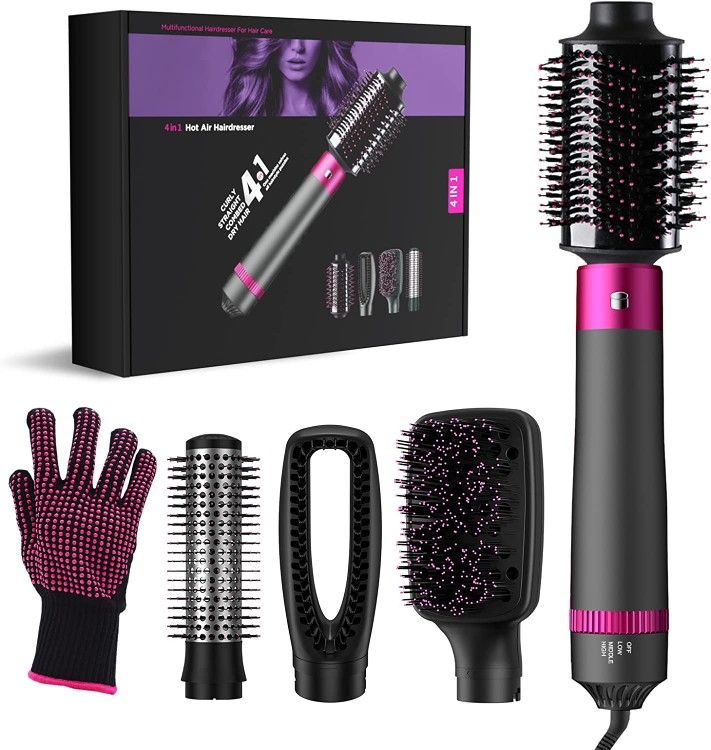 NEW Hair Dryer Brush 4 in 1 Blow Dryer Brush Negative Ionic Hot Air Brush Kit Hair Dryer & Volumizer with 4 Detachable Brush Heads for Straightening C