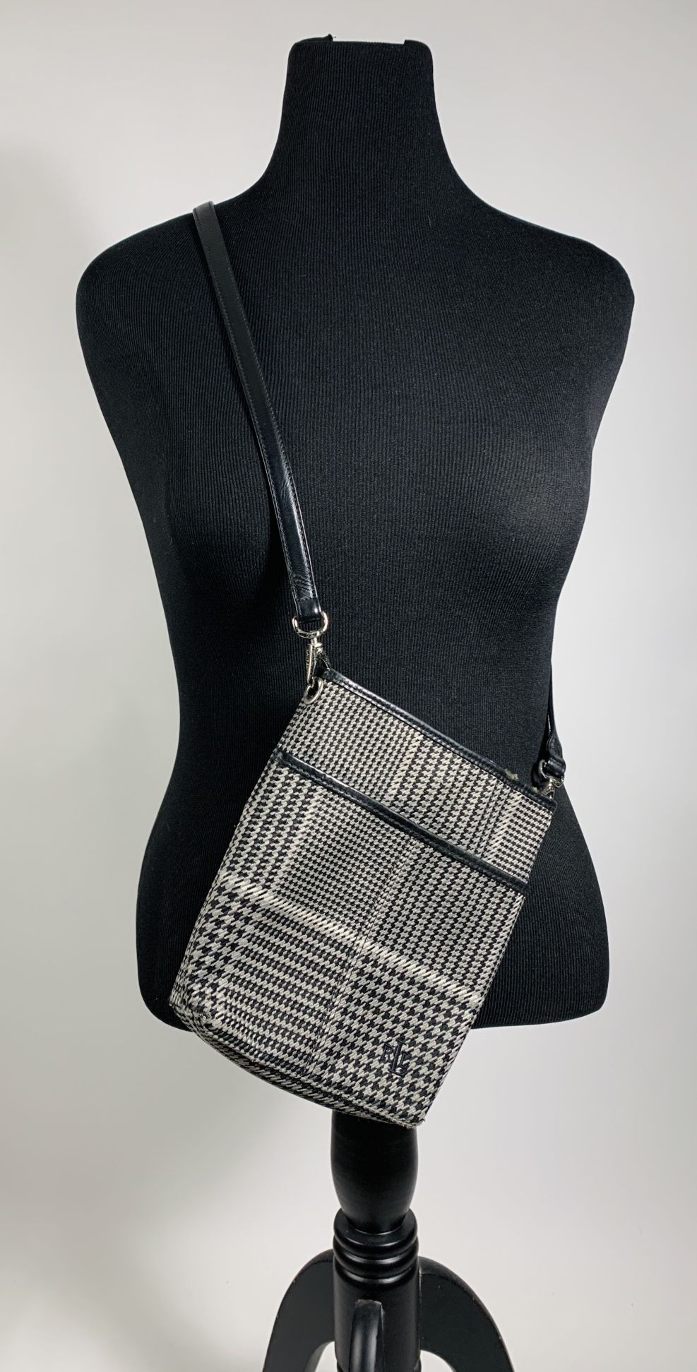 RL LAUREN Houndtooths Black/ Gray Trim In Leather Crossbody Size Small. 